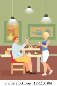 Couple Drinking Cocktails Flat Vector Illustration. Man Proposing Toast at Bar Counter. Cheers. Snacks with Drinks. Boy and Girl in Bistro Cartoon Characters. Supper, Dinner in Restaurant, Cafeteria