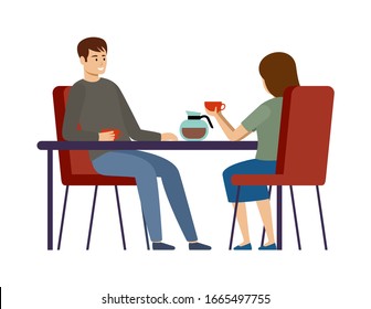 Couple is drinking coffee in a cafe. Lunch break. Man and woman. Vector flat illustration.