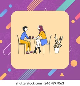 Pareja tomando café en el café. Hombre y mujer sentados a la mesa en la cafetería y hablando Ilustración vectorial. Citas, concepto de comunicación para Anuncio, diseño de Sitio web o página de Web de aterrizaje