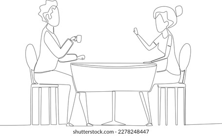 A couple drinking coffee in a cafe. Coffee shop activity one line drawing