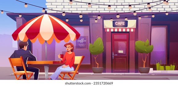 Couple drinking coffee in city street cafe. Vector cartoon illustration of young woman and man having date at outdoor table in coffee shop. Urban bistro exterior decorated with garland and green trees