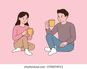 Ein paar, die von Angesicht zu Angesicht Kaffee trinken. Minimale Liniendarstellung.