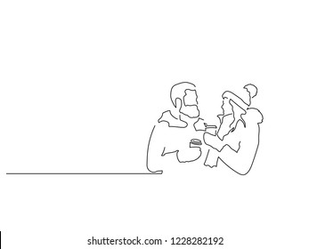 Couple drinking coffee isolated line drawing, vector illustration design. Christmas collection.