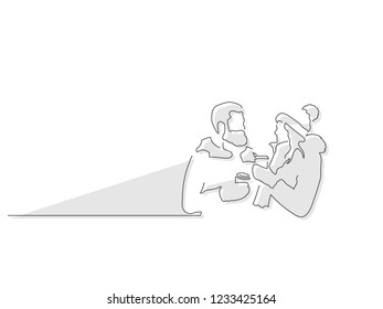 Couple drinking coffee isolated line drawing, vector illustration design. Christmas collection.