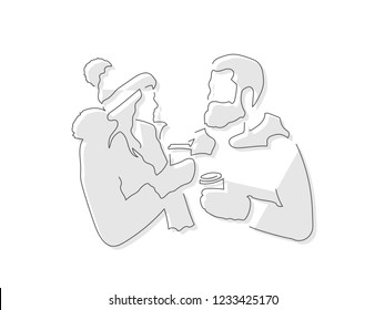 Couple drinking coffee isolated line drawing, vector illustration design. Christmas collection.