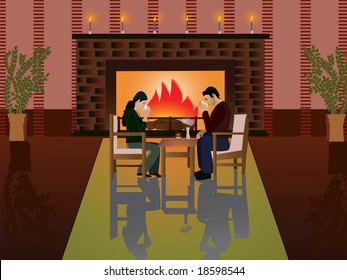 couple drinking coffee near fire place