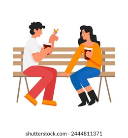 Couple drinking coffee on a bench. Outdoor romantic date, relaxing time cartoon vector illustration