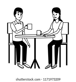 Couple drinking coffee on table in black and white