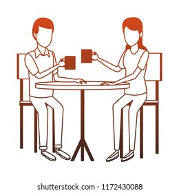 Couple drinking coffee on table orange lines