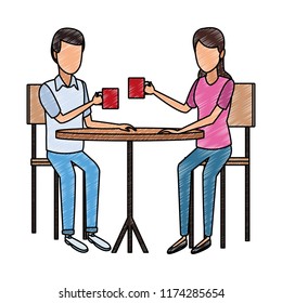 Couple drinking coffee on table scribble