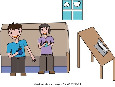 A couple drinking coffee to take a break while working at home