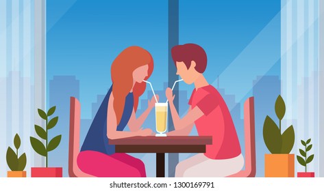 couple drinking coffee through straw together happy valentines day concept man woman in love romantic dating modern restaurant interior horizontal portrait flat