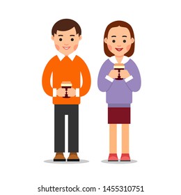 Couple drinking coffee. Young man and woman stand and have cups with hot beverage in hands and smile. Friendship beautiful happy modern people. Illustration isolated in flat style white background.
