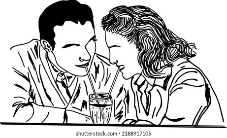 Couple drinking cold drink in same glass with straw, Sketch drawing of man and woman drinking wine in same glass with straw, line art silhouette vector of couple drinking beer