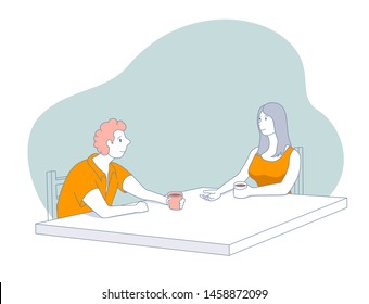 Couple drinking cups of coffee together in the cafe or kitchen. Vector illustration.