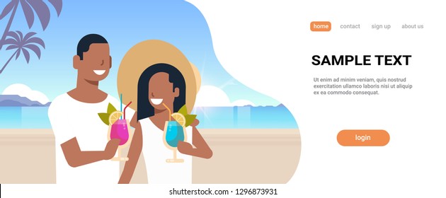 couple drinking exotic tropical cocktails on sea beach summer vacation concept african man woman having fun seascape background seaside horizontal portrait copy space