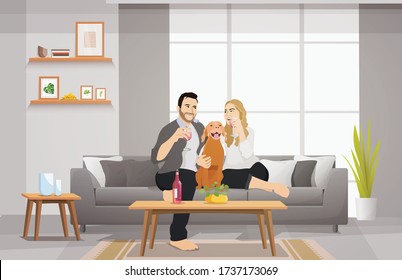 Couple drinking red wine while sitting on the sofa in living room illustration