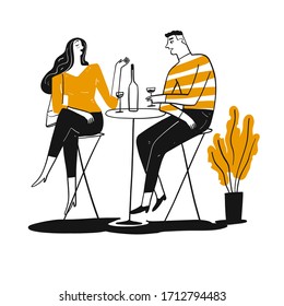 Couple drinking and talk happy. Hand drawn, Vector Illustration doodle style.