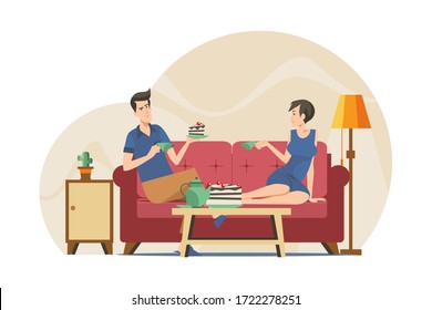 Couple drinking tea in apartment. People sitting on sofa in living room, eating cake and talking. Vector illustration for cozy home, hygge, coffee break concept