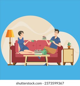 ilustración de diseño vectorial de apartamento de té de bebida de pareja