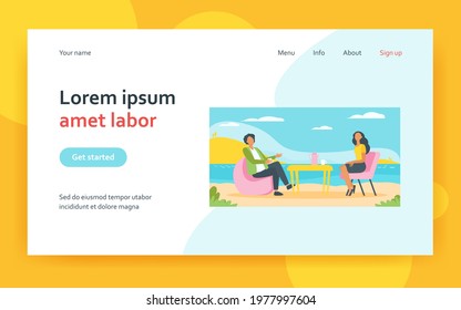 Couple drinking tea in cafe on nature. Lake, cup, rest flat vector illustration. Vacation and leisure concept for banner, website design or landing web page