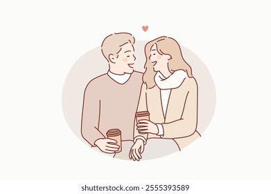 couple drinking their morning coffee or tea. Hand drawn style vector design illustrations.