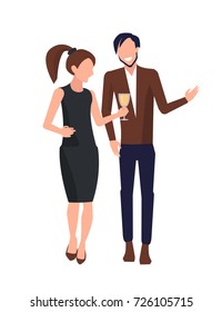 Couple drinking white wine, talking and enjoying each other's company, woman with ponytail and man in brown jacket vector illustration