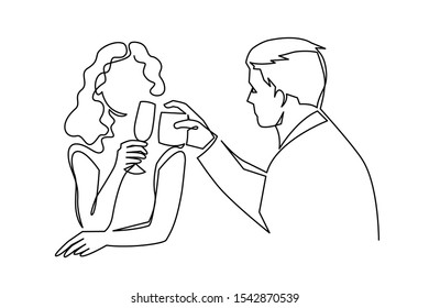Couple drinking wine continuous one line vector drawing. Lovers toasting Creating Splash. Romantic date. Valentines day celebration. Hand drawn people in love. Girlfriend and boyfriend rest.