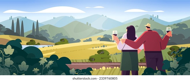 couple drinking wine and enjoying landscape view of with clear river mountain ridge green meadow shores nature tourism travel