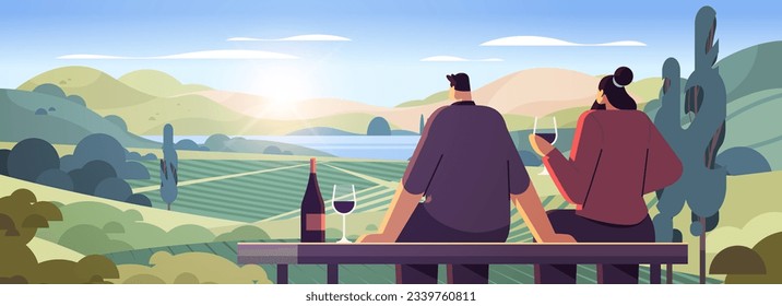 couple drinking wine enjoying landscape view of with clear river mountain ridge green meadow shores nature tourism travel adventure