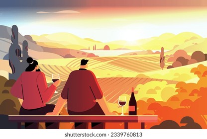 couple drinking wine and enjoying landscape view of with clear river mountain ridge green meadow shores nature tourism travel