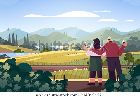 couple drinking wine enjoying landscape view of with clear river mountain ridge green meadow shores nature tourism travel adventure