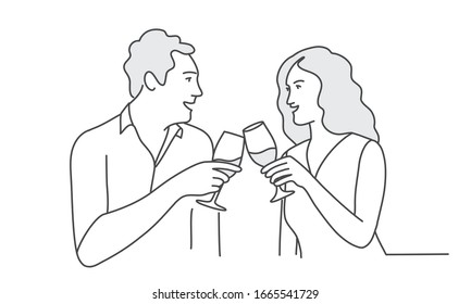 Couple drinking wine. Hand drawn vector illustration.