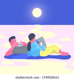 Couple drinks wine on the beach. Young man takes a photo of his girlfriend on smartphone. Vector illustration for logo, branding, banner, poster design