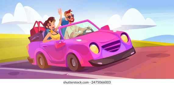 Couple drive cabriolet car on summer road trip. Pink cabrio for fancy journey and happy people enjoy freedom on holiday. Honeymoon adventure for young girl and man with cool convertible transport