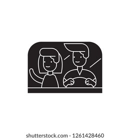 Couple driving away black vector concept icon. Couple driving away flat illustration, sign