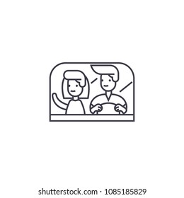 couple driving away vector line icon, sign, illustration on background, editable strokes