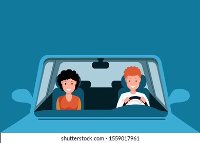 Couple driving blue car illustration. Man and woman characters sitting on front seats of automobile, going on family road trip. Husband and wife driving auto isolate on blue background