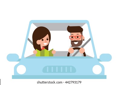 Couple driving car with map, flat design cartoon.