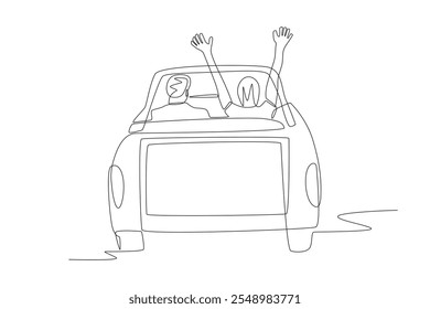 Couple driving. Driving concept one-line drawing