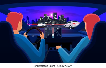 Couple driving electric car on highway traffic jam to city. Man driver woman inside car interior on road trip. Dashboard display. Vector cartoon style with night skyline panoramic perspective horizon.