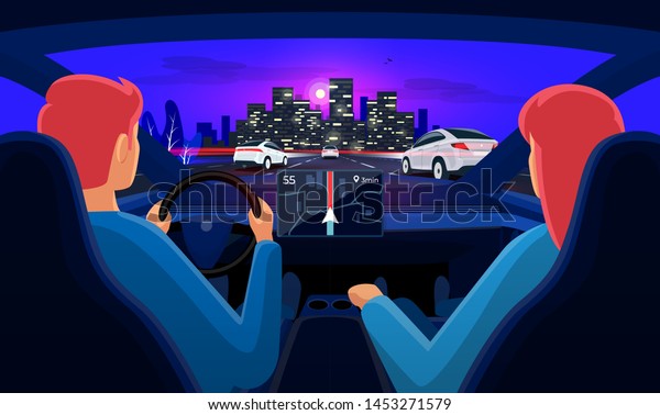 Couple driving electric car on highway traffic
jam to city. Man driver woman inside car interior on road trip.
Dashboard display. Vector cartoon style with night skyline
panoramic perspective
horizon.
