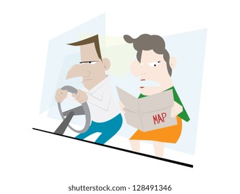 A Couple Driving and Lost Vector Illustration