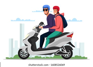 Couple Driving Moped Over Cityscape Flat Cartoon. Eco Transport Travelling. Motorcycle Trip. Man And Woman In Helmets Riding Scooter. Urban Transportation Eco-friendly. Vector Illustration