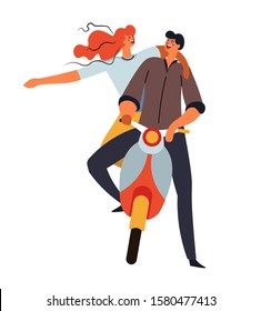 Couple driving motorbike, girl and boy on moped isolated characters vector. Man and woman on scooter, journey or road trip, clean vehicle or eco transport. Romantic date and happy teens in love