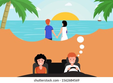 Couple driving on vacation illustration. Man and woman characters sitting on front seats of automobile and planning romantic journey to seaside. People in vehicle dreaming about resort