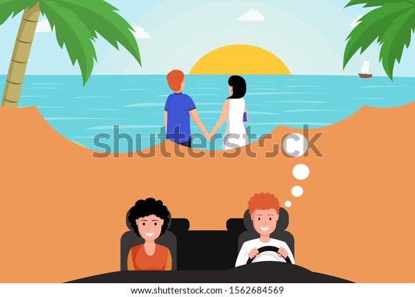 Couple\
driving on vacation illustration. Man and woman characters sitting\
on front seats of automobile and planning romantic journey to\
seaside. People in vehicle dreaming about\
resort