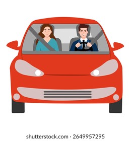 Couple driving red car illustration. Man and woman characters sitting on front seats of automobile, going on family road trip. Husband and wife driving auto isolate on blue background