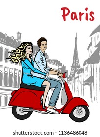 Couple driving scooter on street of Paris. Hand drawn ink sketch.