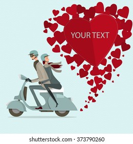 Couple Driving Scooter Sweetheart. modernes Design, flaches Symbol für die Reise. einzeln auf weißem Hintergrund. grafische Vektorgrafik. Menschen Konzept.